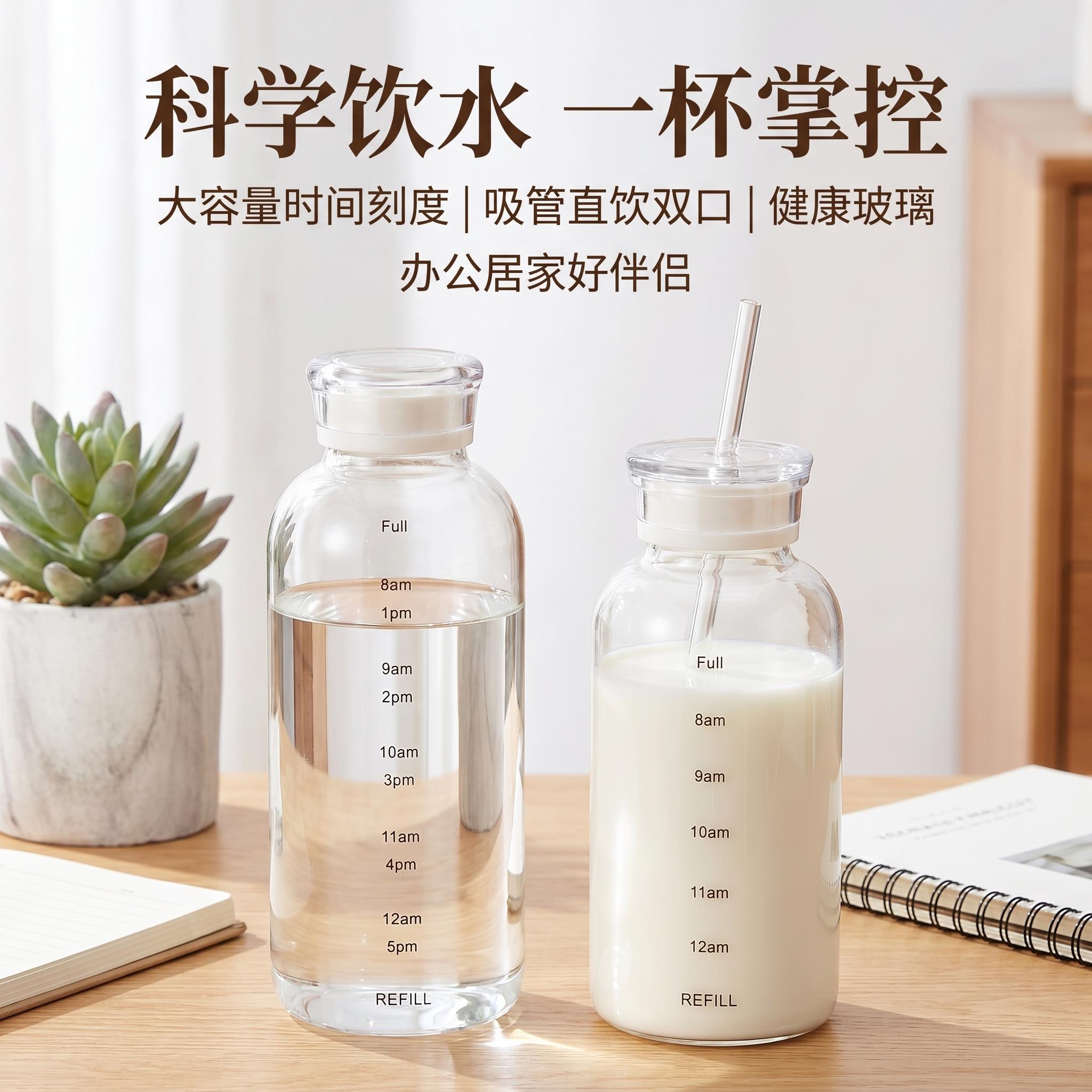 女士高颜值玻璃杯ins外出携带双盖带盖子刻度吸管杯随手咖啡图片