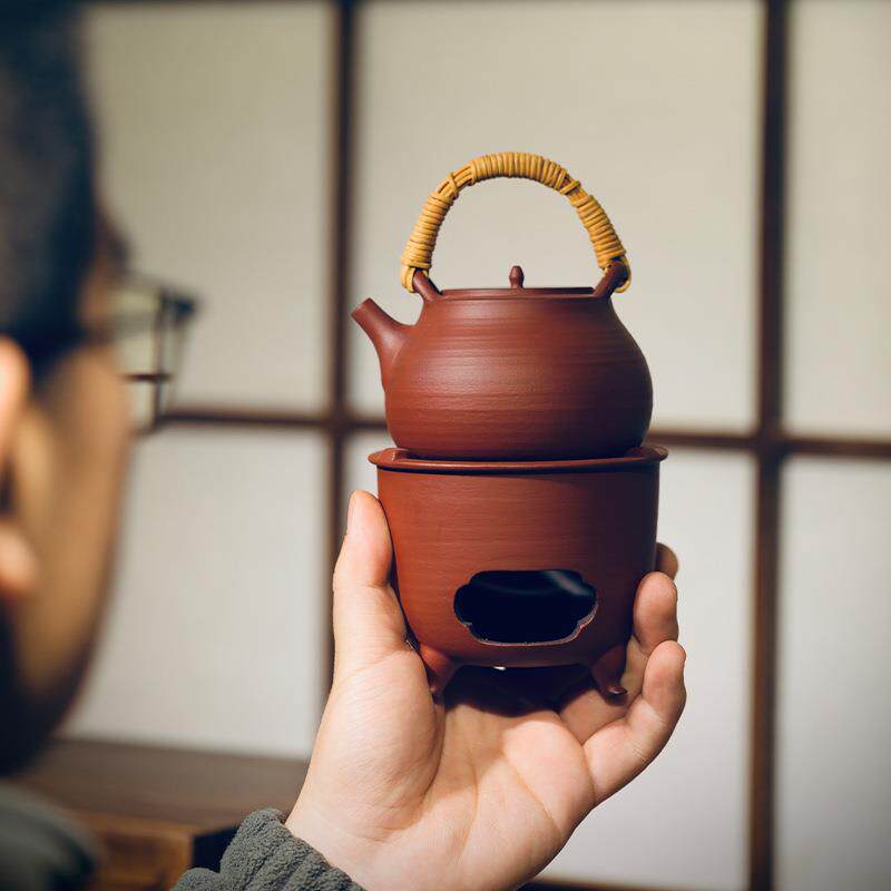 景德镇纯手工红泥藤编提梁壶酒精炉套装陶瓷围炉煮茶风炉茶壶套组