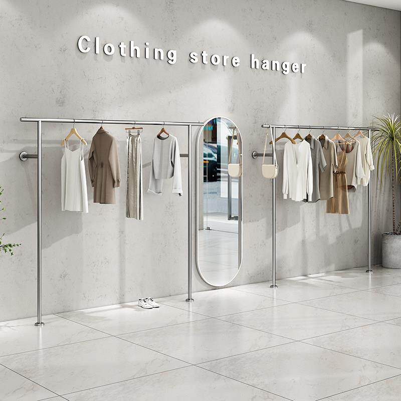 服装店专用展示架不锈钢银色上墙女装店货架挂衣服架陈列架壁挂式