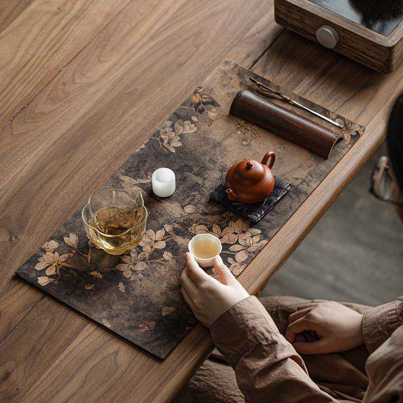 手工香云纱老料茶席禅意古朴双面加厚桌旗布艺桌布茶布垫茶道配件