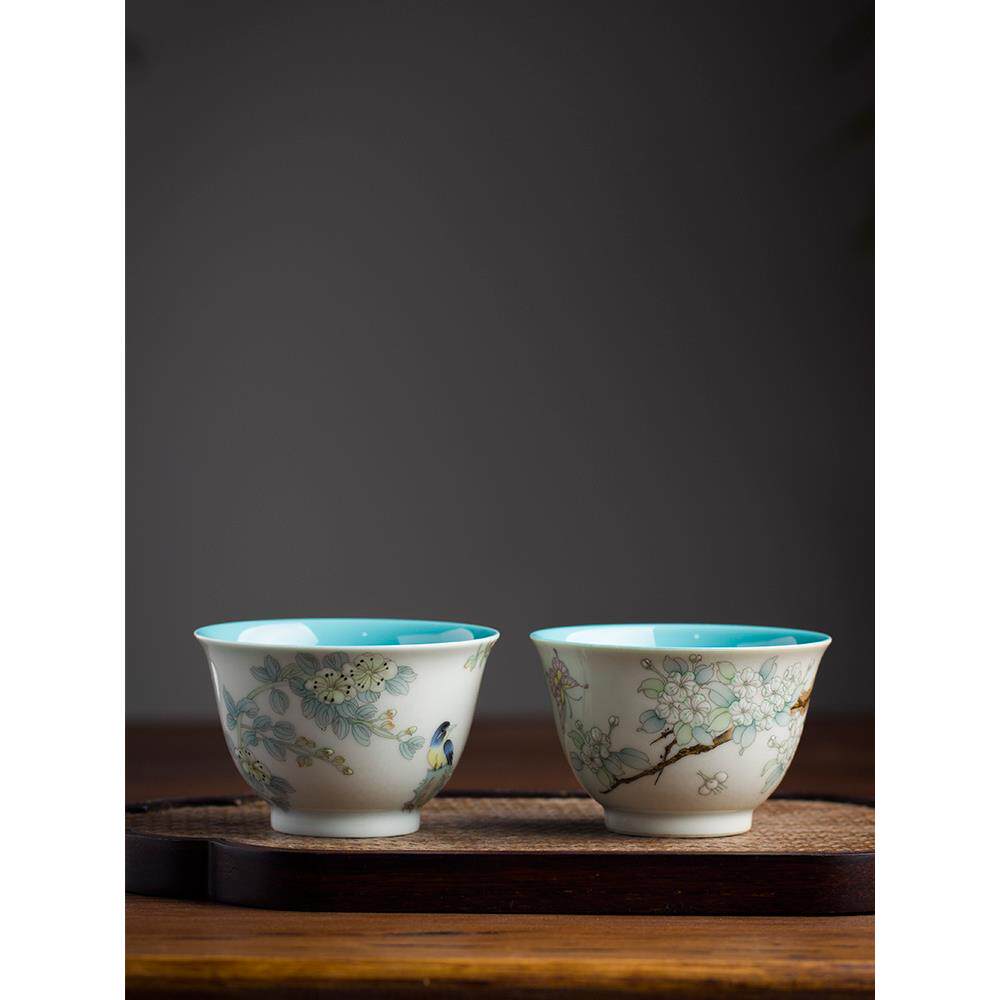 景德镇陶瓷手绘梨花主人杯茶杯松石绿单杯全手工彷古泥高端茶具