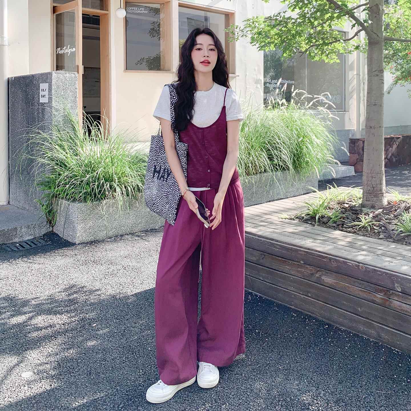 复古慵懒风休闲三件套女2025夏季新款时尚气质吊带短袖阔腿裤套装