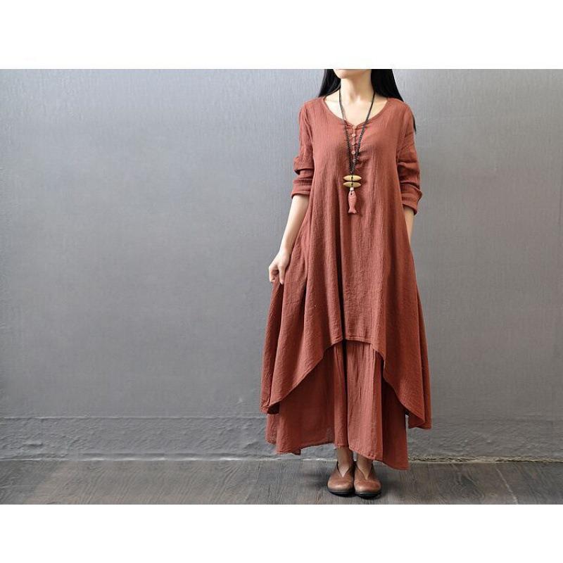 Fake artistic loose swing and skirt big linen long sleeve