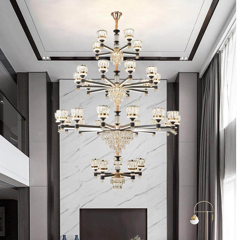 复式楼大吊灯简约现代大气轻奢别墅中空挑高客厅楼梯多层长水晶灯