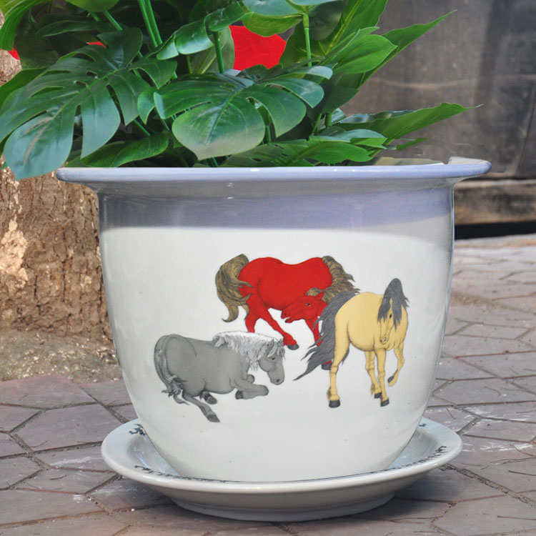 陶瓷器超大号花钵粉彩树盆景德镇花盆种发财树马八骏图带托盘绿萝