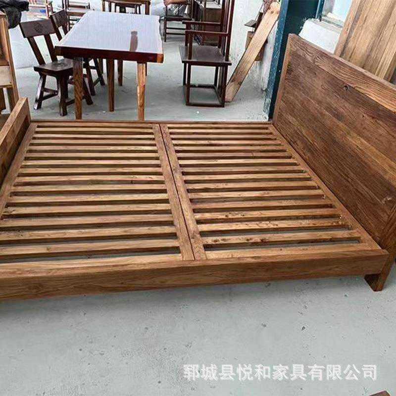 北方老榆木床中式卧室双人床民宿酒店做旧复古实木大床卧室婚床
