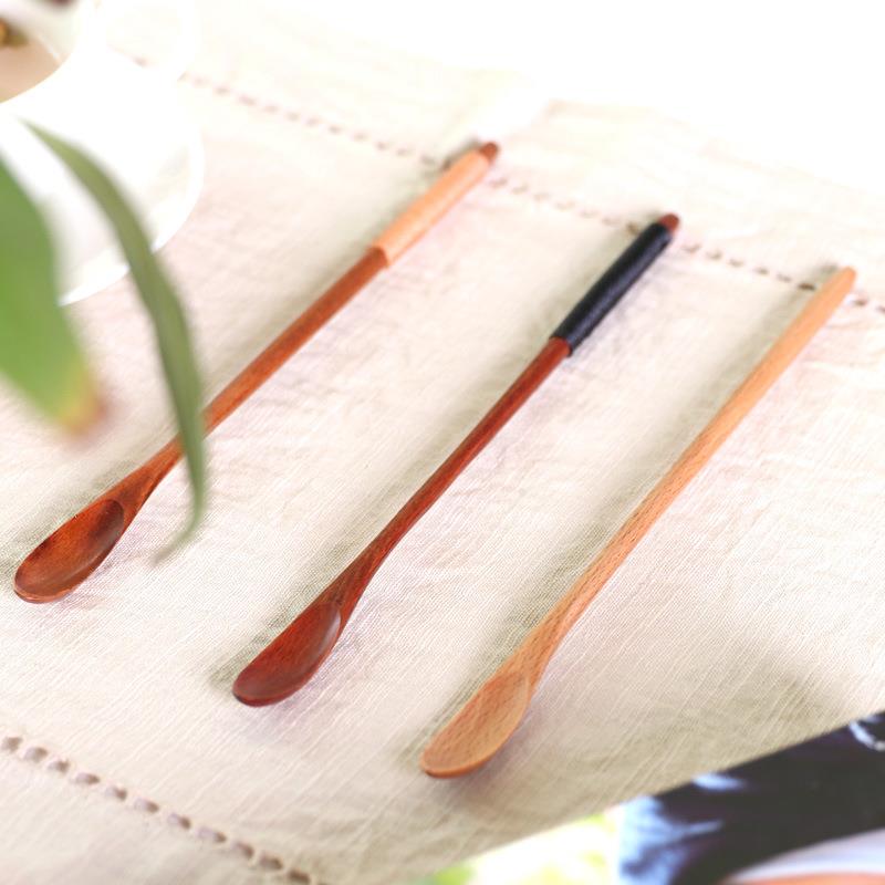 木质搅拌勺子15/18/20cm长细柄缠线咖啡木勺奶粉甜品勺轻奢复古