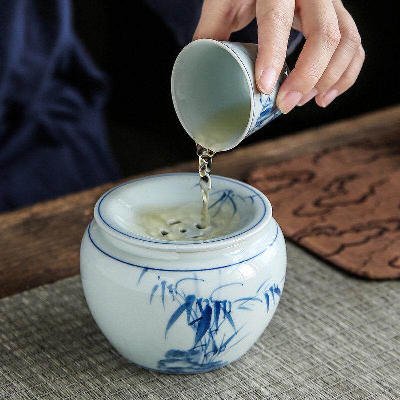 陶瓷建水茶渣缸家用带盖茶洗水盂小号手绘青花复古茶水桶茶道配件