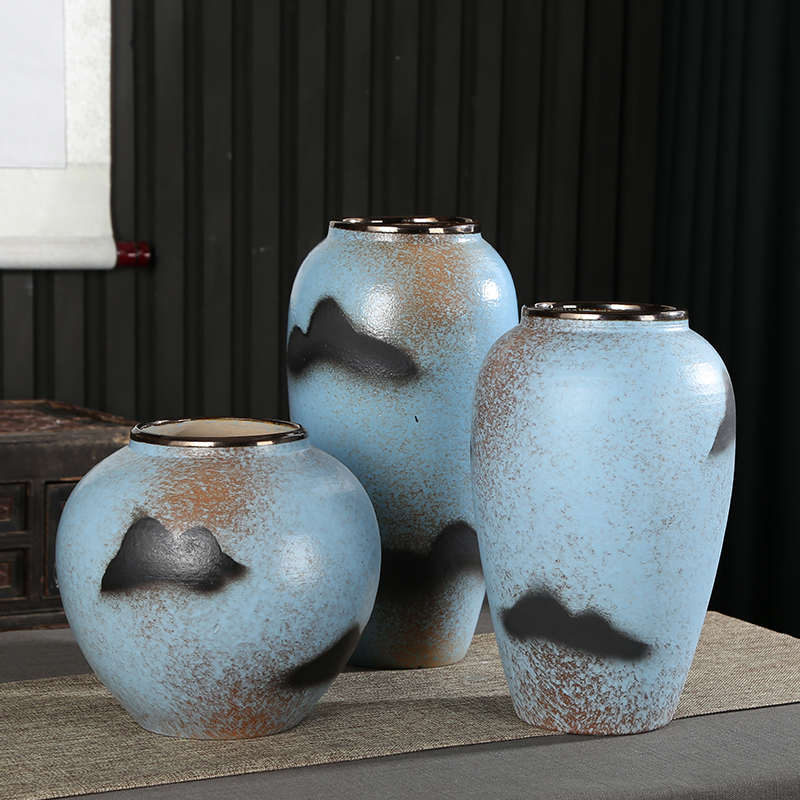 景德镇陶瓷花瓶复古蓝山水画新中式台面花盆客厅桌面插花花盆摆件