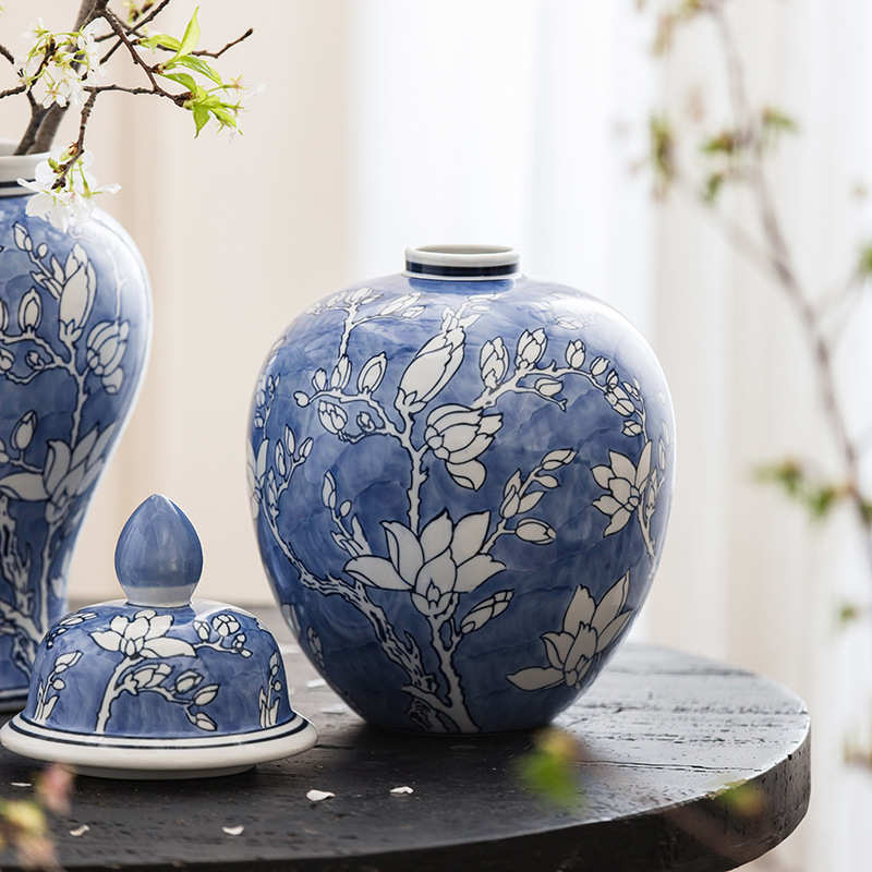 中式复古陶瓷插花花瓶轻奢客厅餐桌装饰摆件青花瓷陶罐釉下彩花瓶