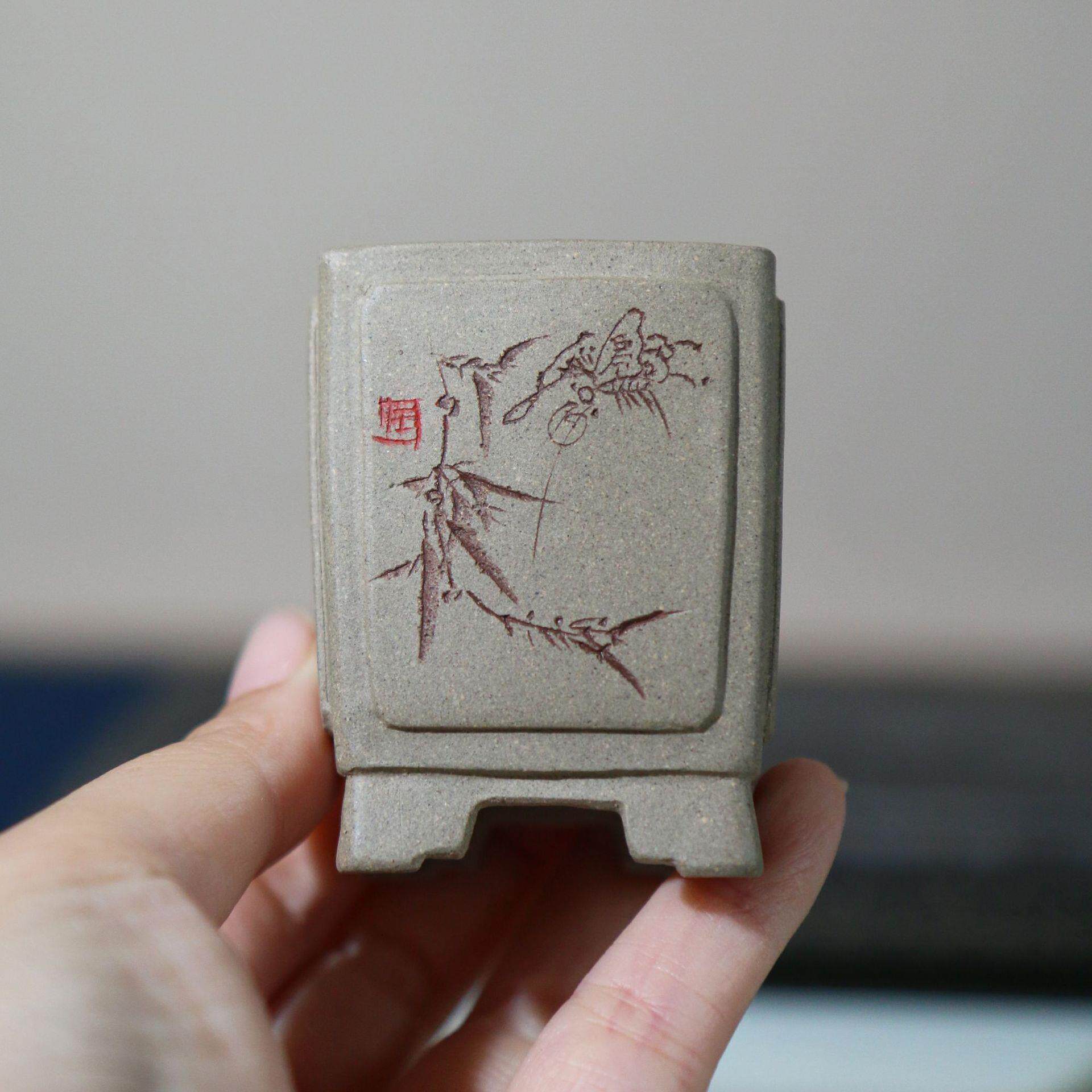 紫砂花盆正方形微型盆景盆手工盆雪花泥苏兵名家盆古典白段泥白泥