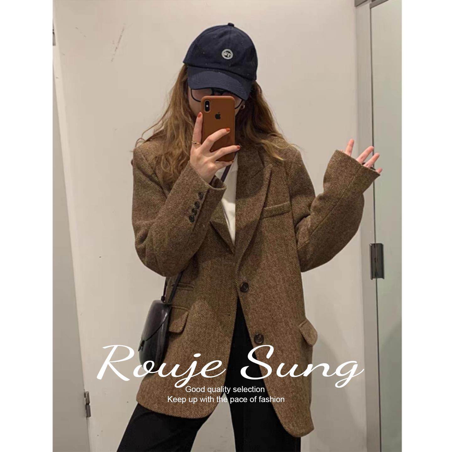 ROUJE SUNG咖色毛呢西装外套女春秋款小个子呢子大衣宽松夹棉上衣