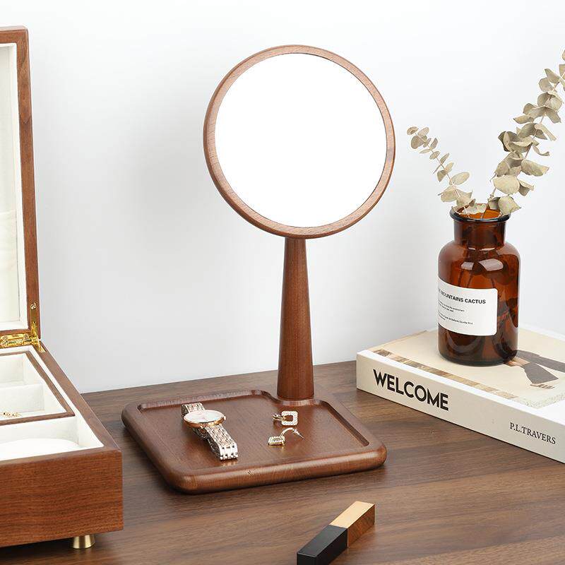 实木化妆镜台式桌面镜子家用卧室梳妆镜可旋转简约轻奢带收纳一体