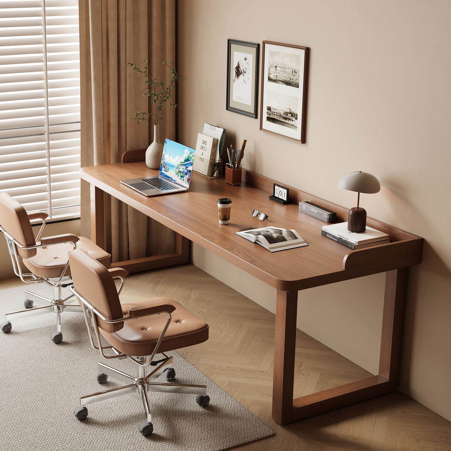 纯实木双人书桌带围挡中古风电脑桌家用长条桌卧室书桌办公桌