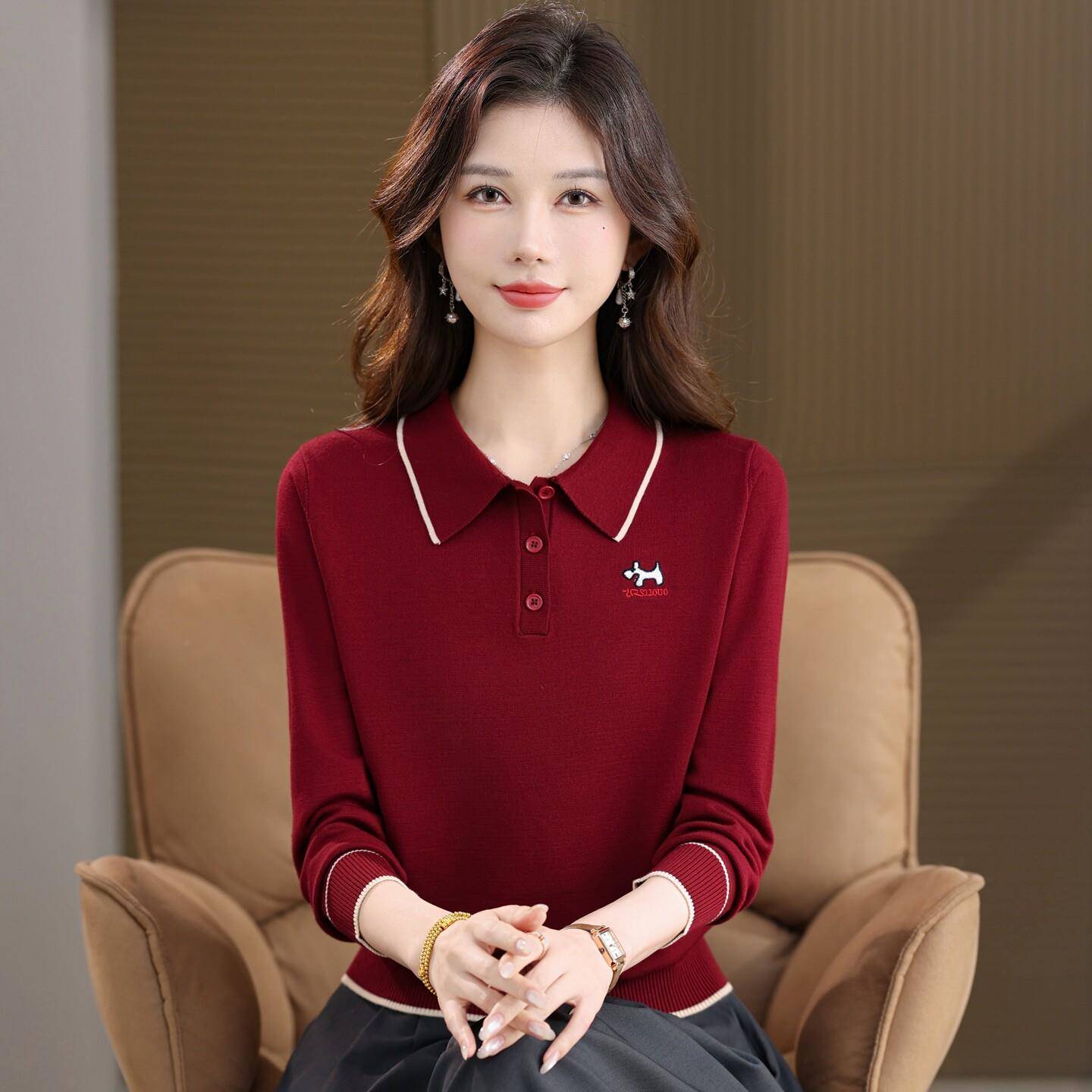 中年妈妈polo领针织衫运动毛衣女秋季翻领套头宽松洋气打底衫上衣