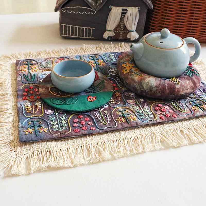 繁花茶席材料包手工刺绣壶承杯垫手染棉布手工自绣diy茶垫20*30cm