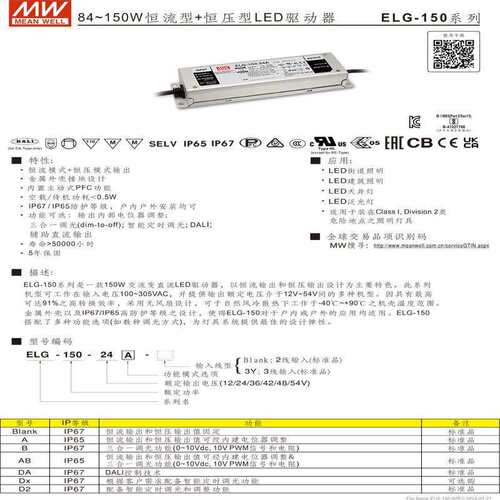 明纬过认证ELG-150系列LED智能调光0-10V DALI恒流恒压开关电源