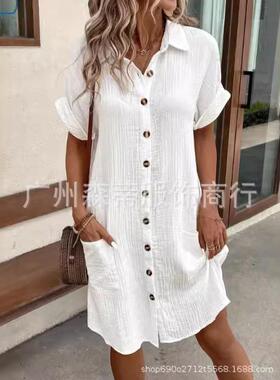 Cotton and linen medium length short sleeved shirt for