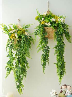 已陌森系仿真花波斯藤条假绿植吊蓝背景电视墙面装饰遮丑花艺壁挂
