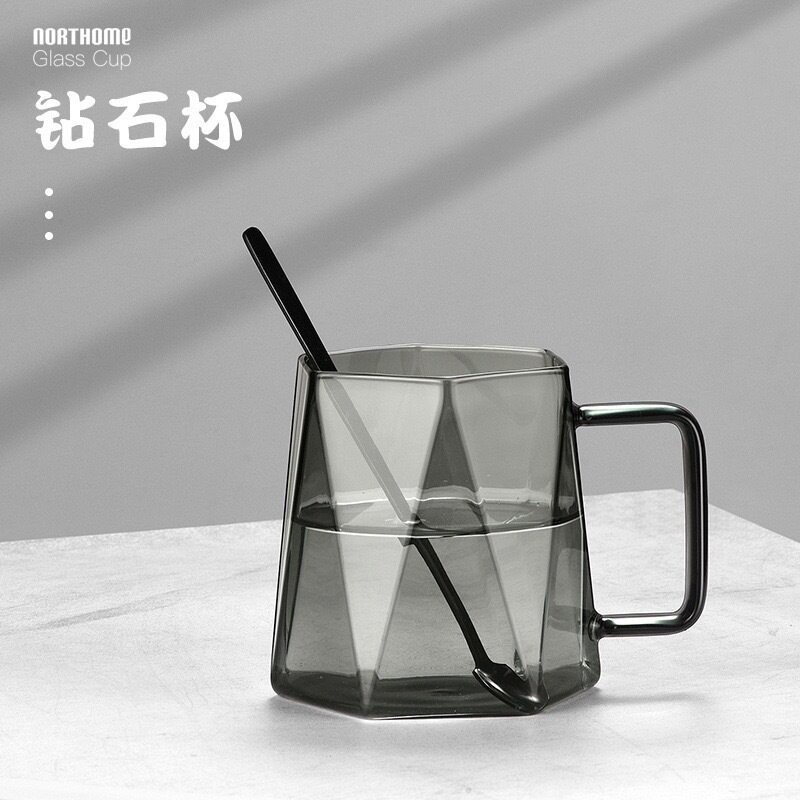 黑钻石玻璃杯马克杯咖啡杯子带勺把手耐高温轻奢玻璃办公室水杯