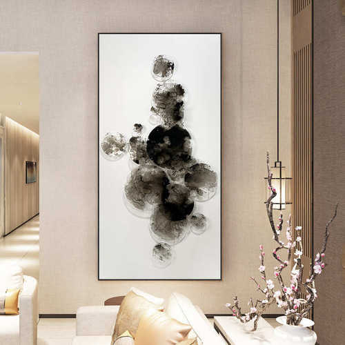 现代新中式山水画圆形装饰画手绘禅意壁画客厅沙发背景艺术挂画