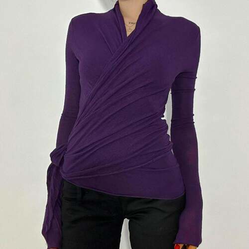 Pure Color V-Neck Crossed Tie T-Shirt Y2K Vintage Elegant