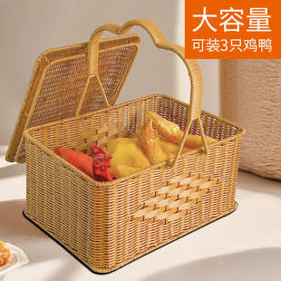 批发仿藤编送餐篮野餐篮手提收纳筐带盖收纳箱手挎采摘篮拜山篮