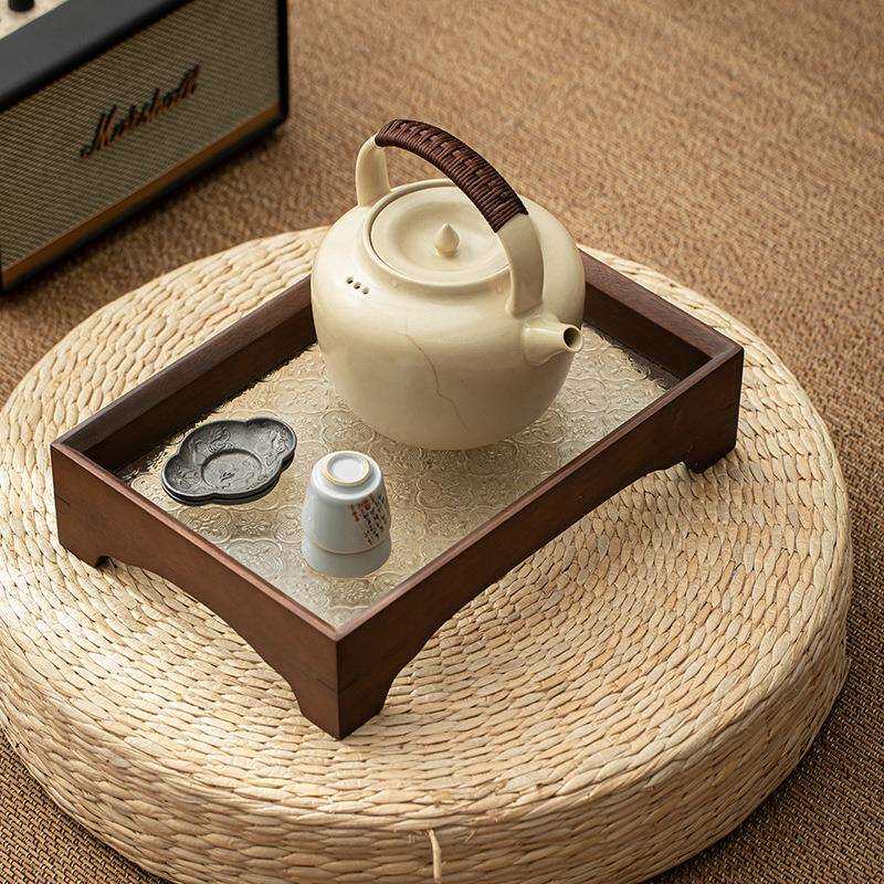 胡桃木窗花玻璃托盘四方高脚小茶盘家用放杯子收纳盘水果点心盘餐