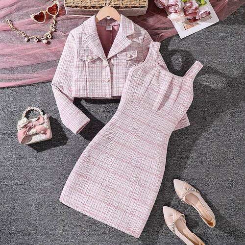 Girls 2 Set Perfume Button Collar Cardigan Sleeve Jacket