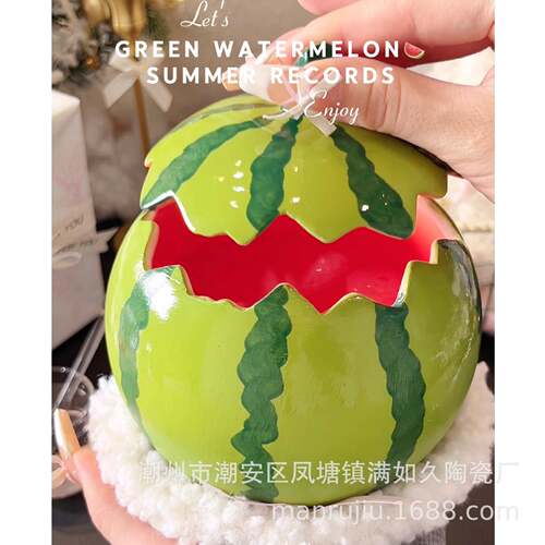 慢如旧-西瓜陶瓷泡面碗带盖汤饭碗大容量水果沙拉甜品高颜值可爱