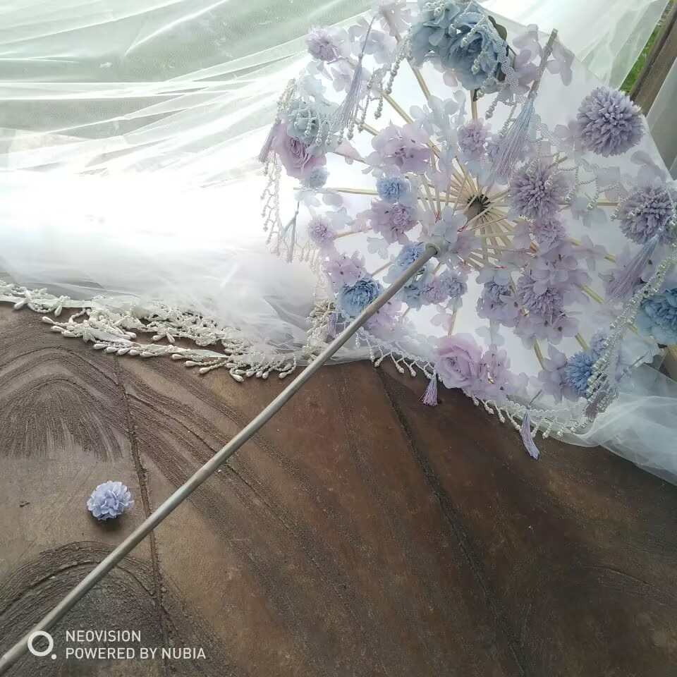 花朵婚礼长柄渐变汉服COS洛丽塔古装舞蹈走秀摄影道具油纸工艺伞