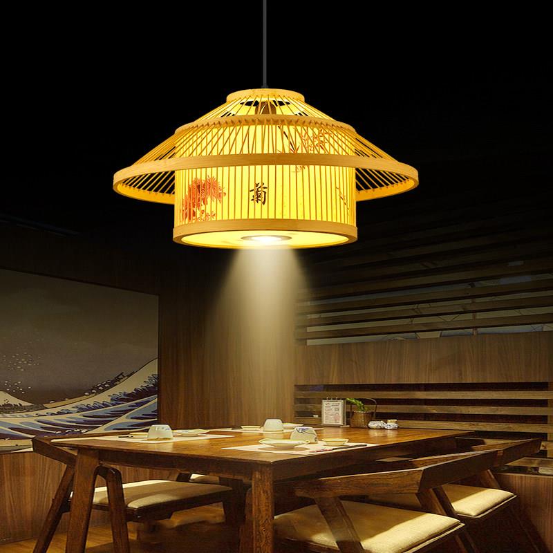 新中式饭厅饭店包间竹编吊灯覆古风餐饮店铺专用带射灯竹艺房子灯