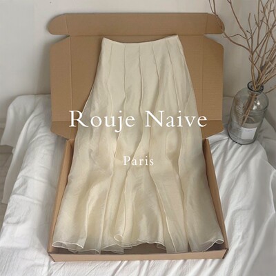 Rouje Naive杏色半身裙春夏2026新款高腰显瘦a字百褶荷叶边中长裙