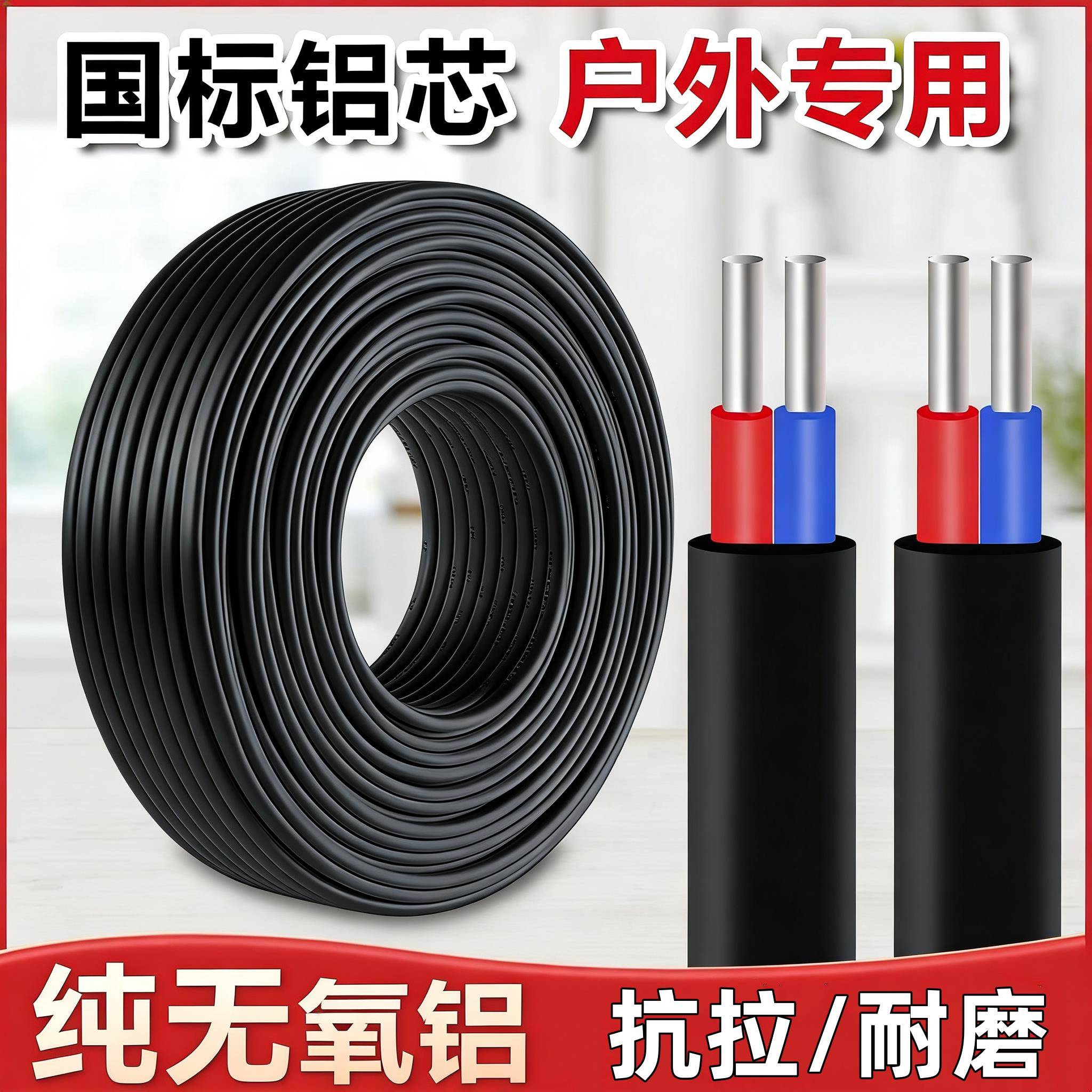 国标2芯护套线铝芯家用户外电线4/6101625平方双芯铝电缆线防老化