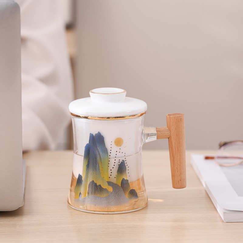 千里江山陶瓷玻璃过滤杯 茶隔杯泡茶茶漏杯 中国风伴手礼套装雕刻