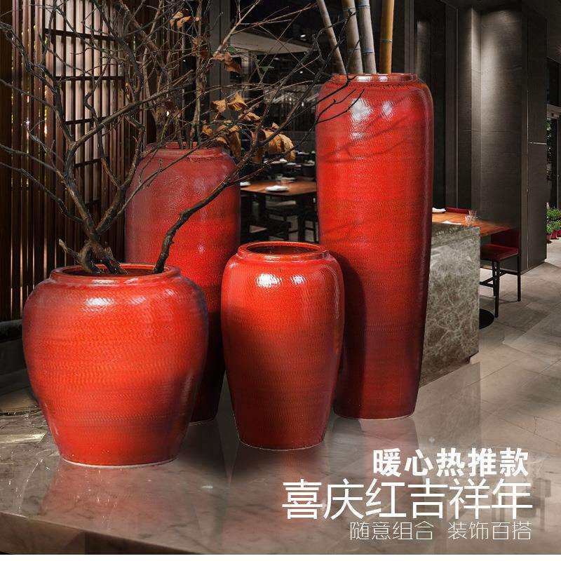 新中式红色落地大号陶瓷花瓶摆件干支陶罐花盆酒店餐厅别墅软装饰