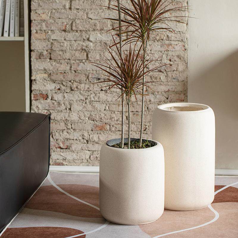北欧简约镁泥大花盆落地圆柱形花器千年木孔雀木阳台客厅装饰盆栽