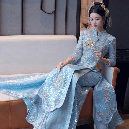 冰蓝色秀禾服2025年新款新娘中式婚纱礼服重工高端出阁服显白夏季