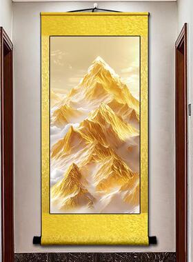 竖版背靠日照金山画靠山图卷轴山水挂画客厅沙发背景墙玄关装饰画