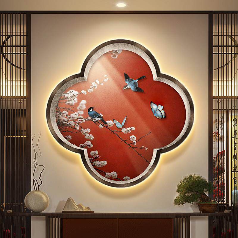 喜鹊报喜入户玄关装饰画 画梅花形假窗户景茶室挂画 画新中式走廊