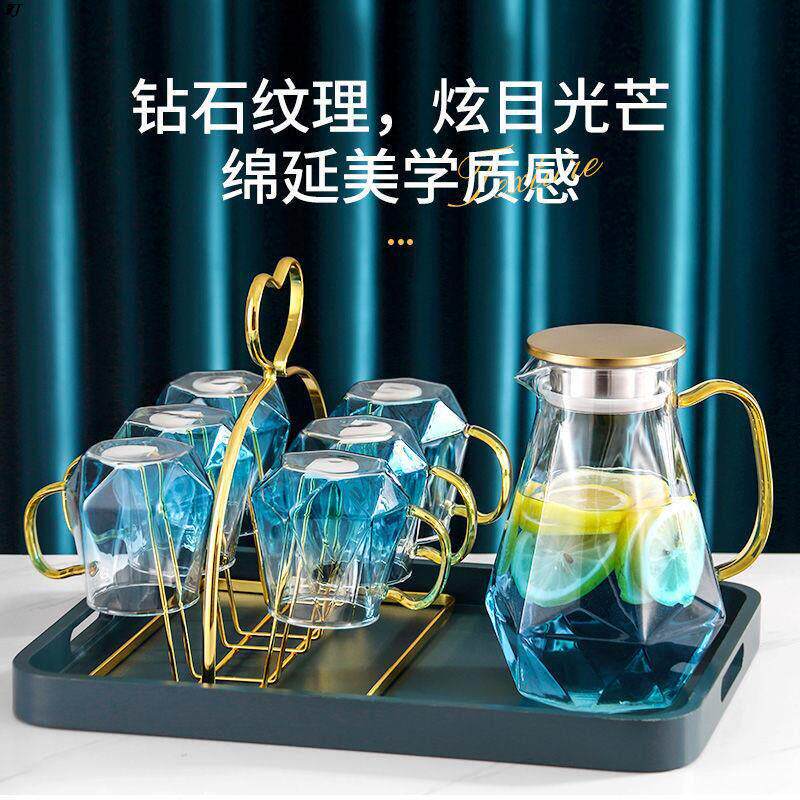 轻奢冷水壶夏天家用客厅耐高温冷水壶大容量玻璃钻石水壶水杯套装