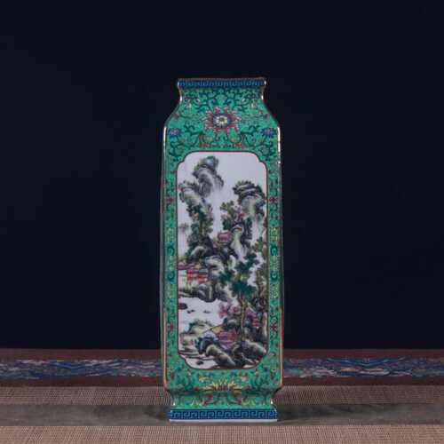 摆件山水珐琅插花客厅陶瓷复古瓶新瓶中式四方仿古粉彩彩花摆件