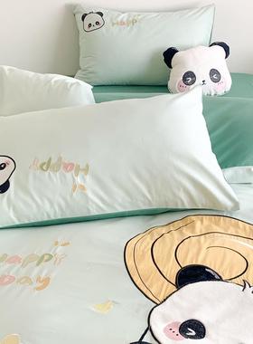 大熊猫刺绣蓝色可床水洗棉纯棉三四件套全棉爱通儿童FX男卡孩被套