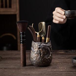 中式禅意黑檀木茶道6君子 铜茶匙茶勺茶笔茶夹茶针粗陶茶桶六君子