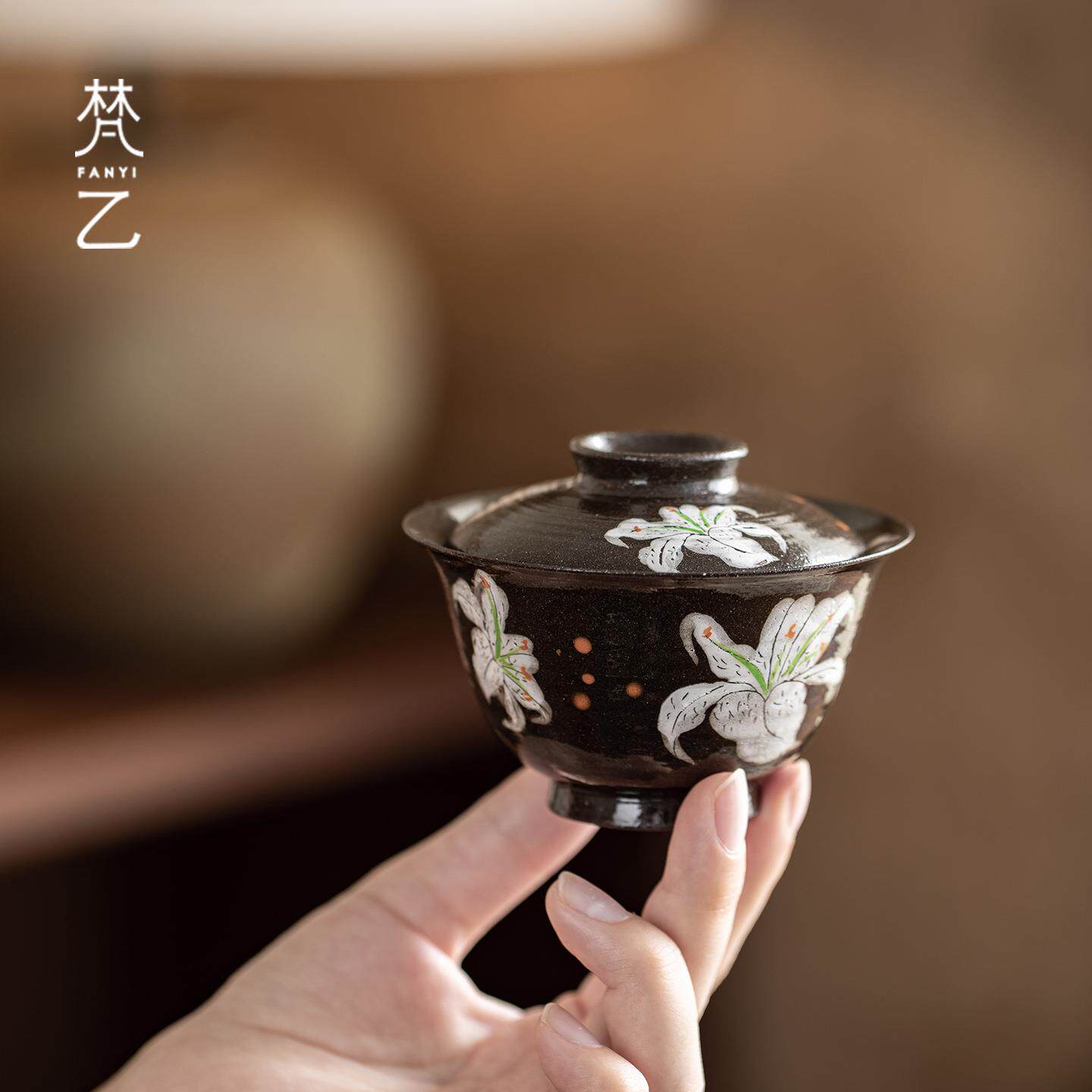乙粗陶撇口粗陶手绘白合盖梵碗日式简约家用陶瓷功泡茶碗夫茶百具