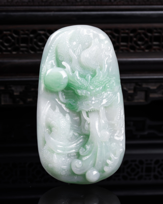 缅甸天然真品翡翠冰飘绿花高档厚装闪拍龙吐水龙牌玉石吊坠77.14g