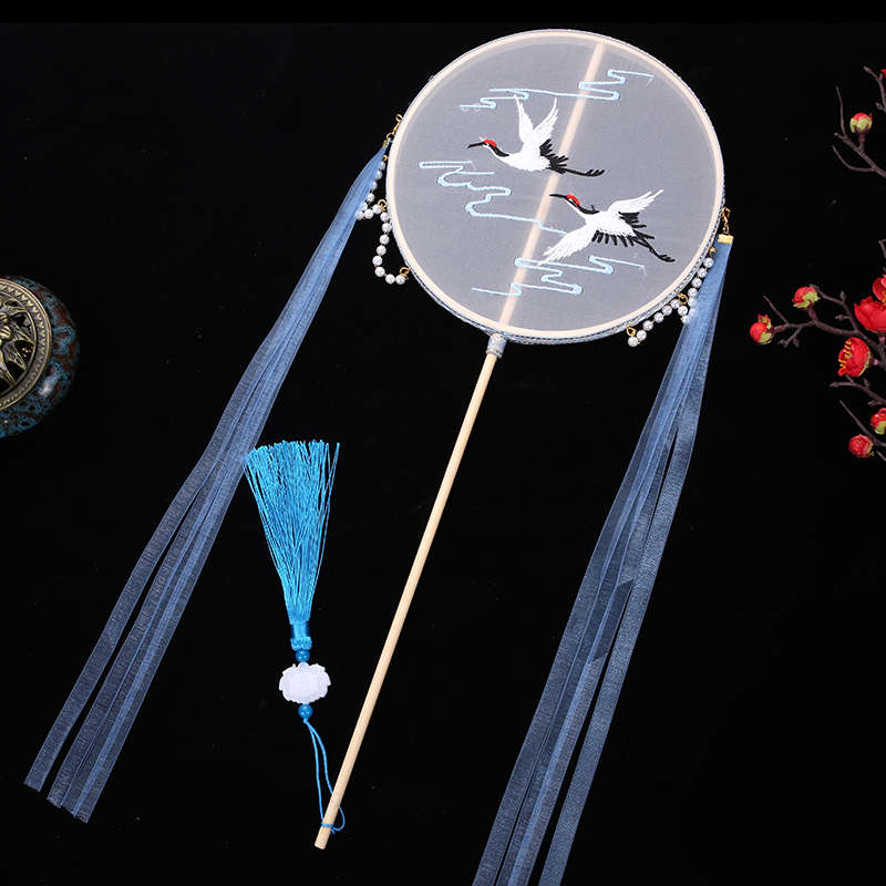 古风刺绣宫扇汉服长飘带长柄团扇古典苏绣圆扇绣花扇跳舞拍摄道具