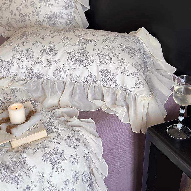 法式复古风全棉柔软四件套植物花卉印花纯棉荷叶花边被套床上用品