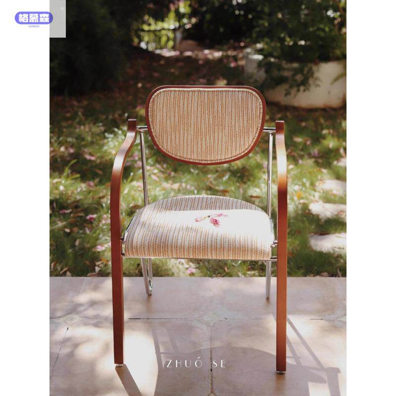 办公休闲中古靠背椅ZHUOS“落日”橙法式复古餐椅实木软包扶手椅