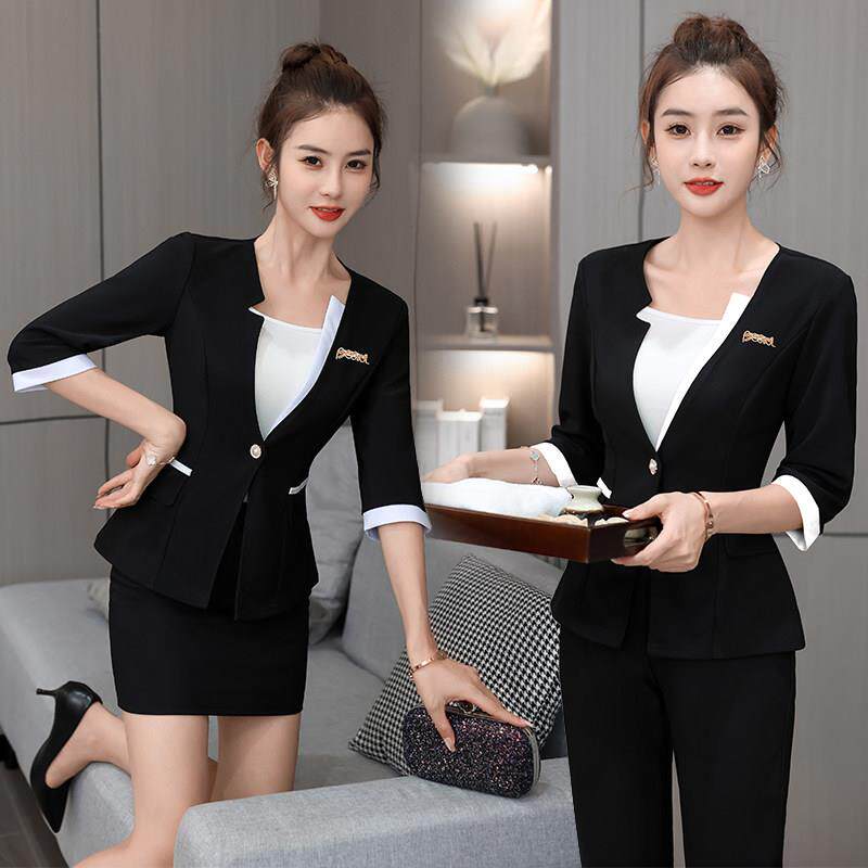技师工作服秋装酒店足浴空姐制服半袖职业三件套气质长裤2022美容
